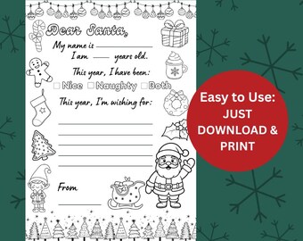 Página para colorear de una carta a Papá Noel, actividad navideña para niños (descarga en PDF)