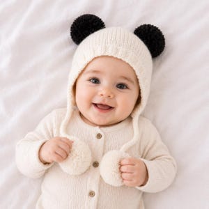 May include: A smiling baby wearing a cream-colored knit hat with black pom-pom ears and a matching cream-colored onesie. The hat has ear flaps and ties. The onesie has wooden buttons.