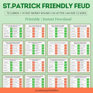 Könnte beinhalten: Ein druckbares St. Patrick's Day Friendly Feud Spiel mit 72 Karten und 4 Fast Money Runden, erhältlich in US Letter und A4 Größen. Der Spieletitel ist grün, die Karten haben grüne und rote Ränder. Sofortiger Download.