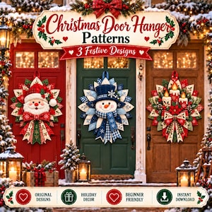 Puede incluir: Una pantalla digital que muestra tres patrones de colgadores de puerta navideños: una corona de Papá Noel, una de muñeco de nieve y una de velas. El texto dice Christmas Door Hanger Patterns 3 Festive Designs, Original Designs, Holiday Decor, Beginner Friendly, Instant Download.