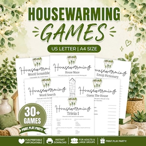 May include: A collection of printable housewarming game sheets featuring titles like Housewarming Word Scramble, House Maze, Emoji Pictionary, Word Search, Guess The House, and Trivia I. Each white paper sheet displays a hanging plant graphic.