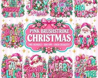 May include: A digital collection of Christmas-themed illustrations featuring Santa Claus, decorated trees, gift boxes, and festive bows in shades of pink, teal, and white. The text includes phrases like Merry & Bright, Joy to the World, and Tis the Season.