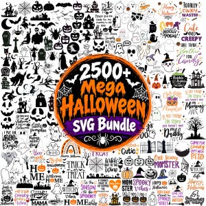 May include: A digital collection of Halloween-themed graphics featuring black silhouettes and colorful illustrations of ghosts, pumpkins, haunted houses, bats, and spiders, with the central text 2500+ Mega HALLOWEEN SVG BUNDLE.