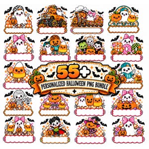 May include: A digital collection of 55+ Halloween-themed graphics featuring cartoon ghosts, pumpkins, candy corn, and monsters. Each design includes a blank scalloped label for personalisation, set against orange and white checkered backgrounds.