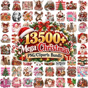 May include: A digital collection of 13500+ Christmas-themed PNG clipart images featuring Santa Claus, reindeer, snowmen, gingerbread cookies, decorated trees, and festive text, all arranged around a central banner with the text 13500+ Mega Christmas PNG/Cliparts Bundle.