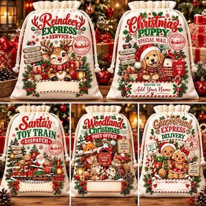 May include: Five off-white drawstring canvas gift bags featuring festive holiday illustrations including a reindeer, a puppy, a toy train, woodland animals, and gingerbread cookies, each with decorative text and a blank space for personalisation.