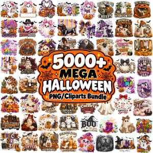 Pode incluir: Uma coleção digital de mais de 5000 designs PNG e cliparts com tema de Halloween, incluindo fantasmas, abóboras, esqueletos e morcegos. O gráfico central exibe o texto 5000+ MEGA HALLOWEEN PNG/Cliparts Bundle em letras pretas e laranjas.