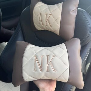 Brown Car Pillow Set, Mocha Eco Leather, Custom Monogram, Diamond Stitch