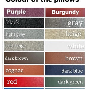 May include: Image displaying a color chart for pillows, with the title "Colour of the pillows." The chart features various color swatches, including purple, burgundy, black, gray, light grey, beige, cold beige, white, dark brown, brown, cognac, dark blue, red, dark green, blue, and sky.