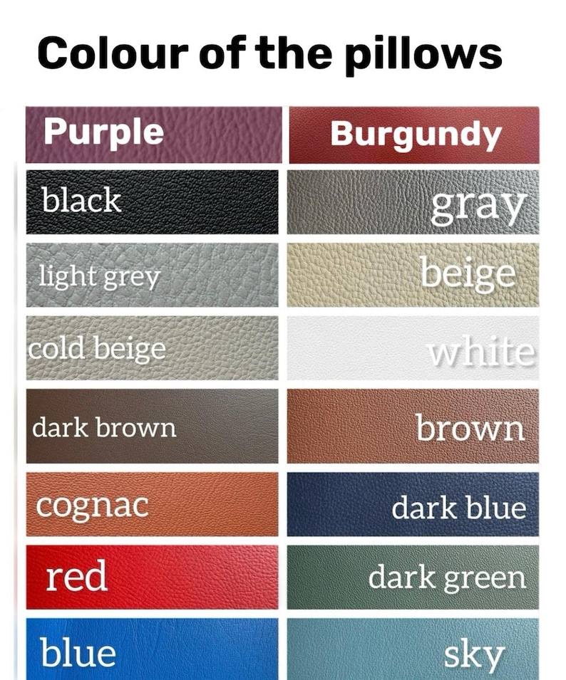 May include: Image displaying a color chart for pillows, with the title "Colour of the pillows." The chart features various color swatches, including purple, burgundy, black, gray, light grey, beige, cold beige, white, dark brown, brown, cognac, dark blue, red, dark green, blue, and sky.