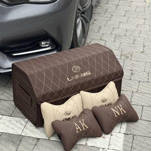 Eco Leather Trunk Organizer Gift Set, Brown Organizer + Bonus 2 Free Pillows image 2