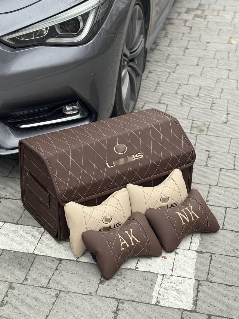 Eco Leather Trunk Organizer Gift Set, Brown Organizer + Bonus 2 Free Pillows image 2
