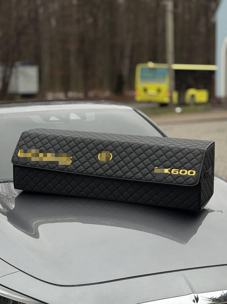 May include: Black quilted car organizer with gold accents and the text "K600". The organizer is rectangular and sits on the hood of a gray car. The background is blurred, showing a bus and trees.