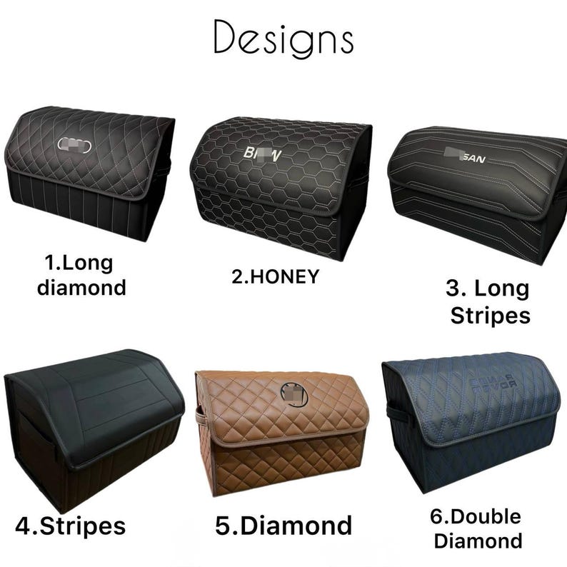 May include: Image shows six car trunk organizers with different designs. The designs include long diamond, honeycomb, long stripes, stripes, diamond, and double diamond patterns. The word "Designs" is at the top.