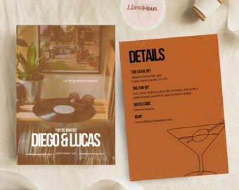 Vintage Graphic Wedding Invitation Suite | Editable Canva Template, A5
