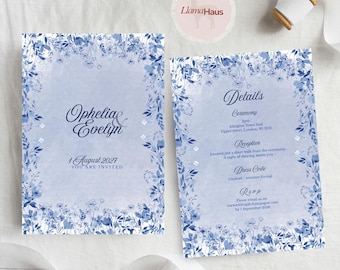 Vintage Blue Floral Wedding Invitation Suite | Editable Canva Template