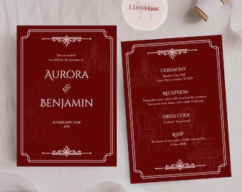 Art Deco Hochzeitseinladung Set | Burgunder Leinwand-Vorlage (A5-Größe)