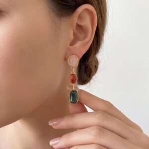 Multicolor Gemstone Dangle Earrings, Gold Plated Statement Drop Earrings, Asymmetrical Crystal Jewelry, Colorful Teardrop and Rectangular