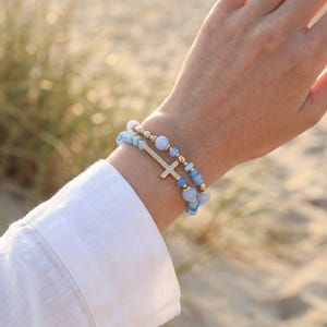 Blue Beaded Stretch Bracelet, Stacked Beaded Bracelet with Gold Tone Cross, 9 inch Beaded Bracelet, Gift for Her, Minimalist Religious