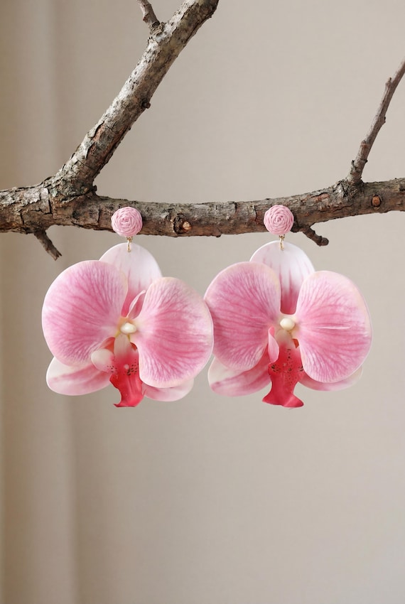 Pink Orchid Drop Earrings, Handmade Floral Statement Earrings, Romantic Boho Earrings, Spring Summer Jewelry, Gift for Her