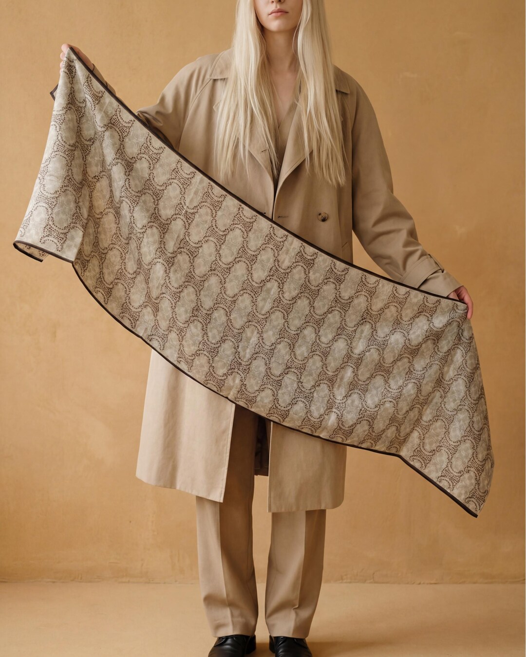 Neutral Beige Monogram Scarf With Brown Trim – Elegant Long Scarf ...