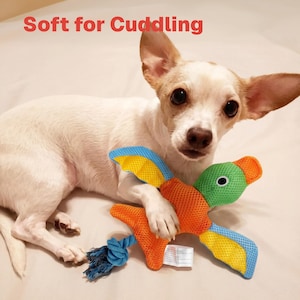 May include: A small white and tan dog cuddles a colorful bird-shaped dog toy. The toy features orange, green, yellow, and blue mesh fabric with a blue rope tail. The text "Soft for Cuddling" is displayed above the dog.
