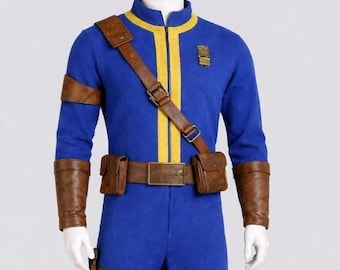 Disfraz de cosplay de Fallout Vault con cinturón de cuero y bandolera: traje de gamer azul y amarillo de Vault