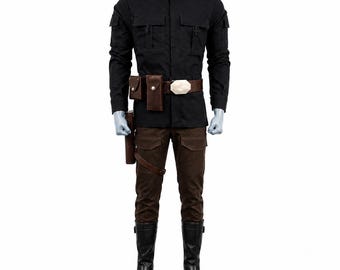 Han Solo Inspired Cosplay Costume | Star Wars Smuggler Outfit | Black Shirt Brown Pants with Leather Belt Holster Set | Sci-Fi Costume