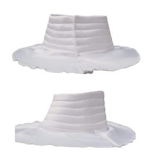 May include: Two white fabric collars featuring a high, structured neck with horizontal quilted stitching and a wide, flat, circular base that flares outward. The collars are made of a smooth, solid white material with a clean, finished edge.