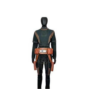 May include: A dark green long-sleeved jumpsuit featuring a high collar, structured shoulder panels, and vertical stitching details. The outfit includes a wide tan utility belt with multiple attached pouches and a central metallic buckle.