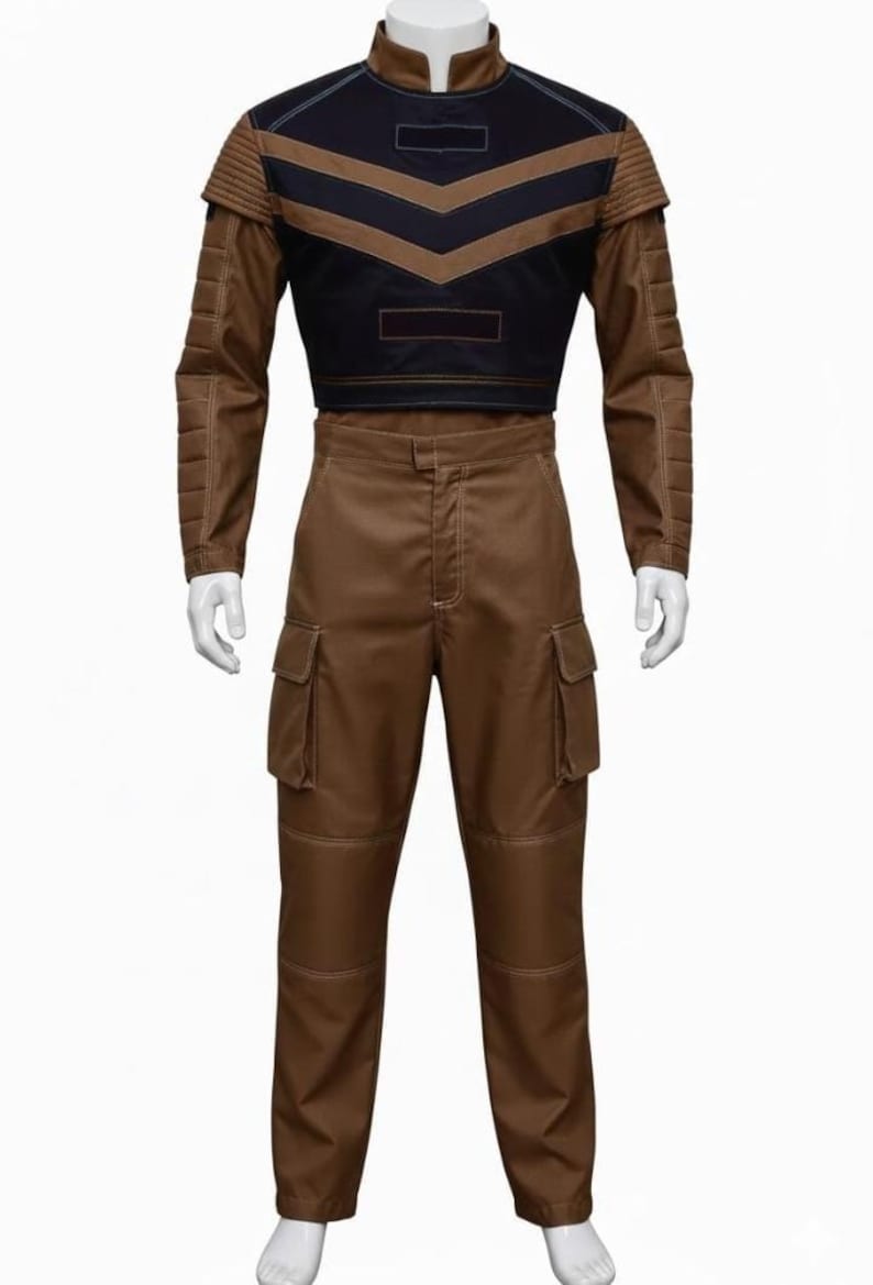 May include: A brown and black costume displayed on a mannequin. The outfit includes a jacket with a black upper section and brown chevron stripes, and matching brown pants with cargo pockets. The jacket has padded shoulder details.