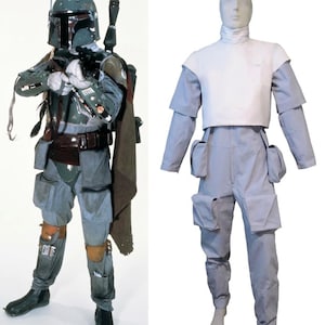 May include: A side-by-side comparison of a full-body bounty hunter costume featuring a green helmet, armor, and utility belt, next to a plain white mannequin wearing a light gray jumpsuit with a white chest plate and multiple utility pockets.