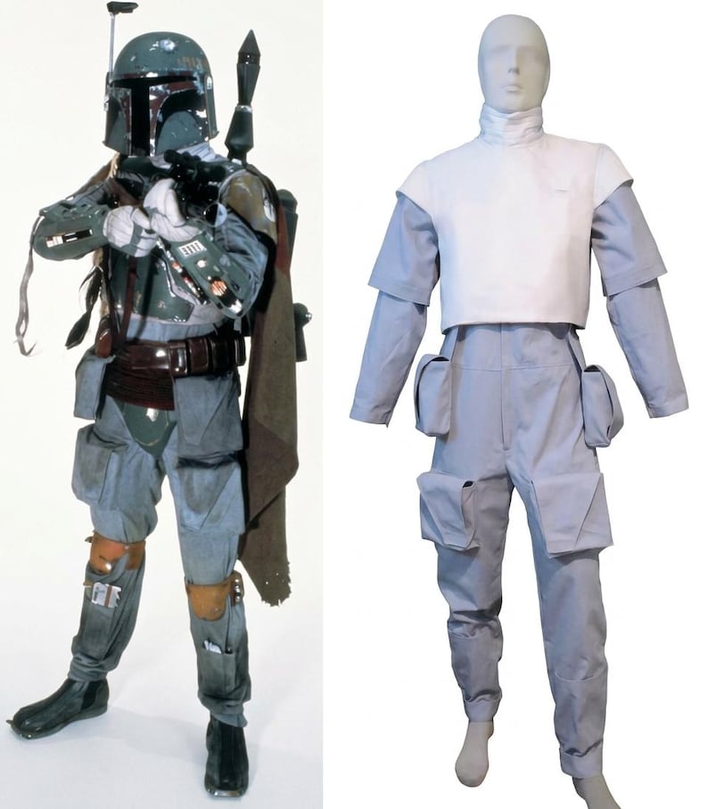 May include: A side-by-side comparison of a full-body bounty hunter costume featuring a green helmet, armor, and utility belt, next to a plain white mannequin wearing a light gray jumpsuit with a white chest plate and multiple utility pockets.
