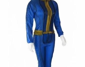 Mono azul de habitante del refugio para mujer / Disfraz de cosplay de Fallout, atuendo postapocalíptico de rayas amarillas