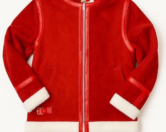 Chaqueta de piel de oveja roja para hombre / Abrigo de invierno de piel de oveja sintética / Chaqueta cálida estilo aviador / Ropa de invierno hecha a mano
