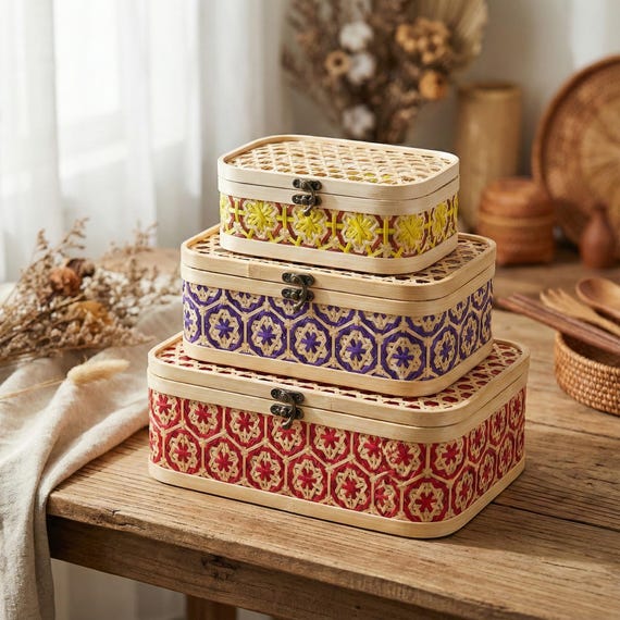 Woven Bamboo Storage Box with Lid, Boho Home Decor, Natural Rectangular Basket for Shelf, Colorful Geometric Pattern Organizer