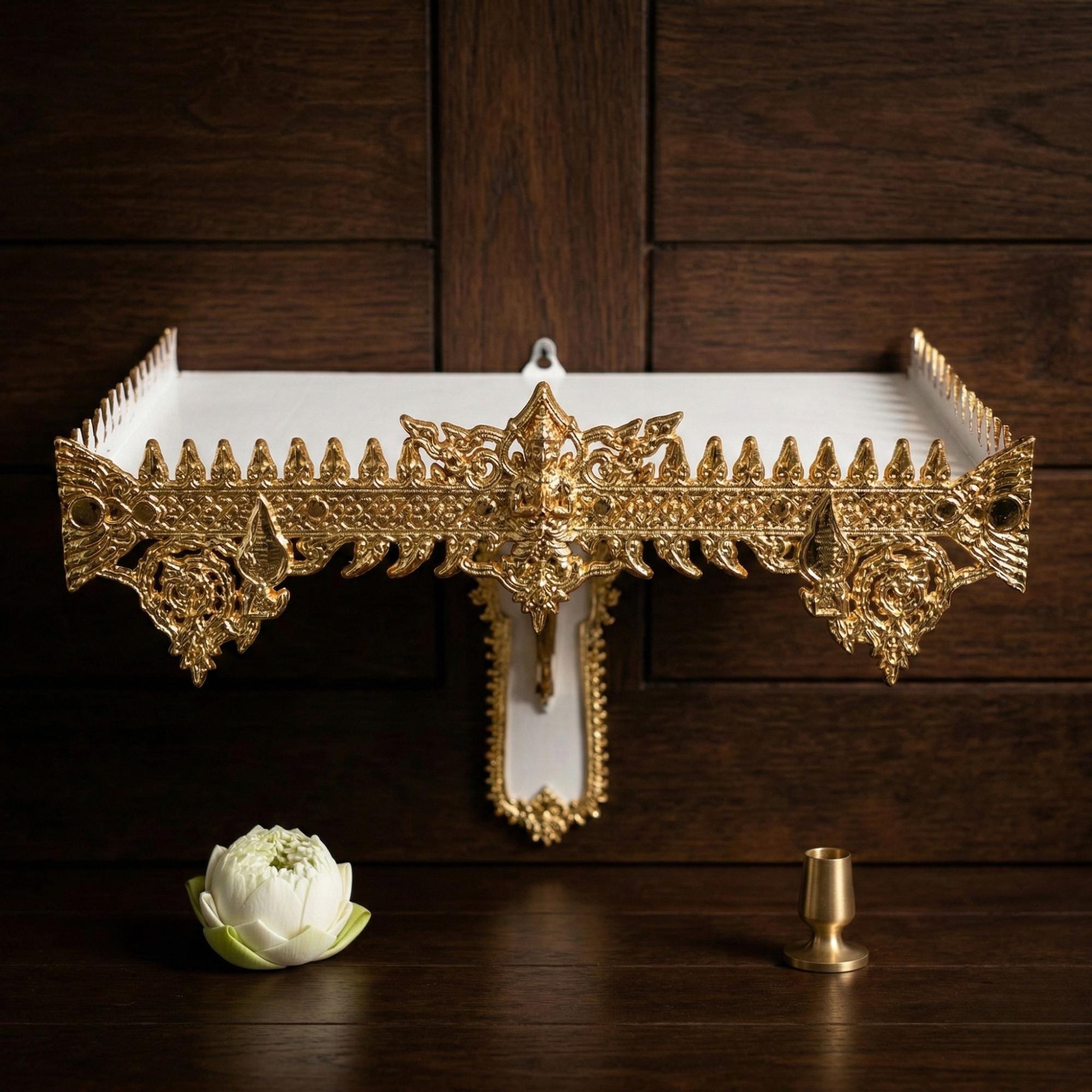 Thai Buddha Altar Shelf, Wall Mounted Wooden Shrine, Gold Motif