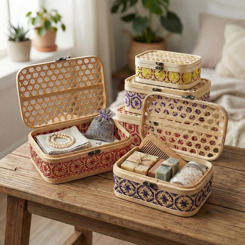 Förvaringslåda i vävd bambu med lock, bohemisk heminredning, naturlig rektangulär korg för hylla, färgglad geometrisk mönsterorganisatör bild 6
