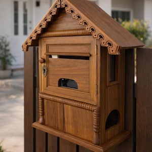 May include: A wooden mailbox with a decorative roof and ornate trim. The mailbox is mounted on a wooden fence. The mailbox has a slot for mail and a small window. The wood has a warm, brown tone.