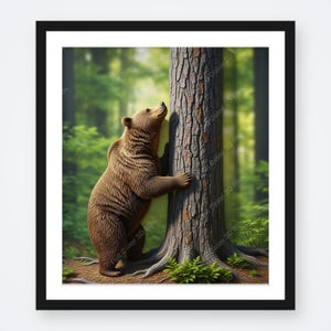 3D Illusion Braunbär an Baum gelehnt Digitale PNG Kunstdatei - Vollfarbe - Hohe Details - Neugierige Bärenkunst | Wildes Tiefe Atelier