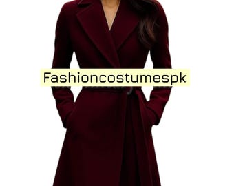 May include: A long, burgundy coat with a wrap-style design and a matching belt. The coat features a notched collar, long sleeves, and pockets. The text "Fashioncostumespk" is displayed across the image.