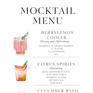 May include: A watercolor-style mocktail menu featuring three drink recipes: Berrylemon Cooler, Citrus Spirits, and Cucumber Basil Cooler. Each recipe includes ingredients and a description. The menu is on a white background.