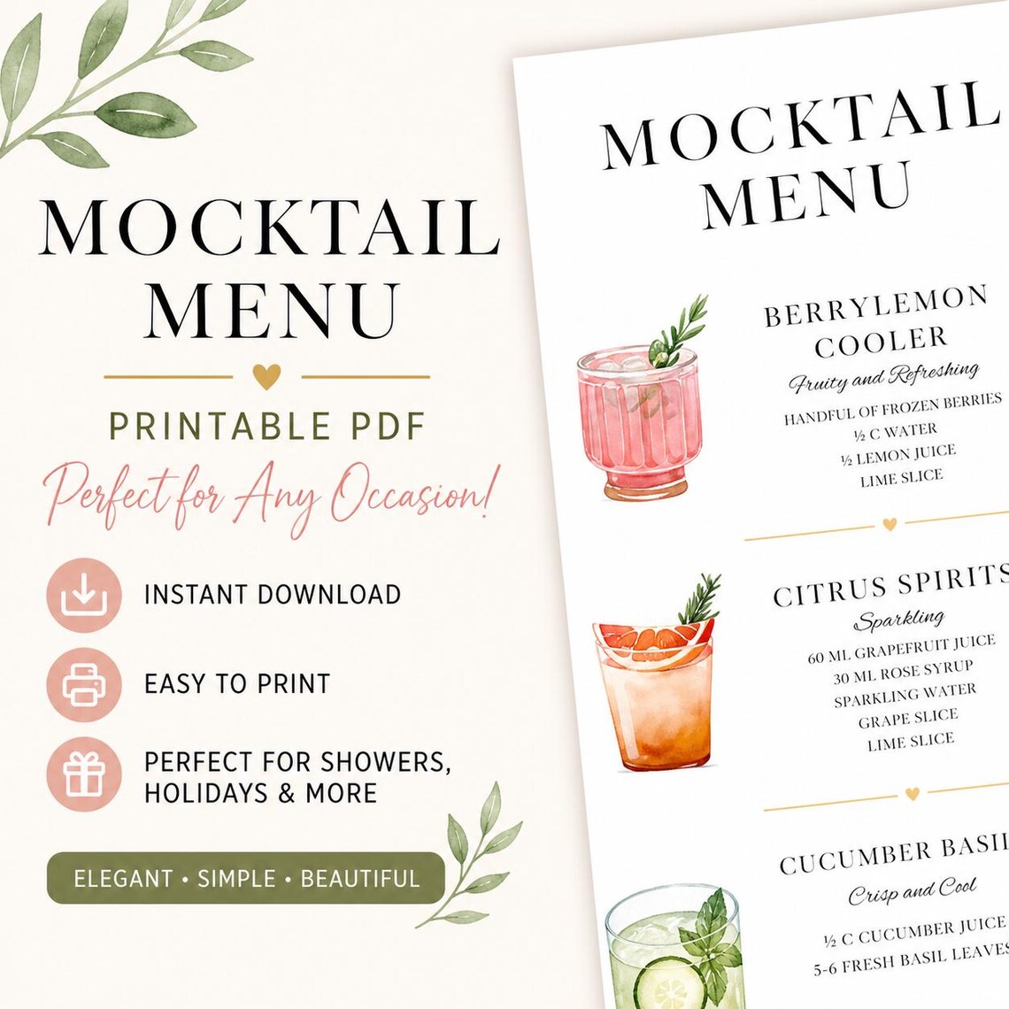 Mocktail Menu Printable PDF for a Gifting or Gathering- Bridal or Baby ...