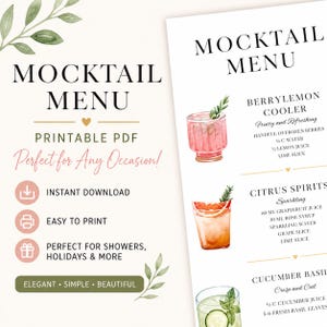 Mocktail Menu printable PDF for a gifting or gathering- bridal or baby shower, holiday