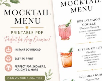 May include: A printable mocktail menu with the title "Mocktail Menu" in elegant black font. The menu includes drink recipes like Berrylemon Cooler and Citrus Spirits, with watercolor illustrations of the drinks. The text "Printable PDF" and "Instant Download" are also visible.