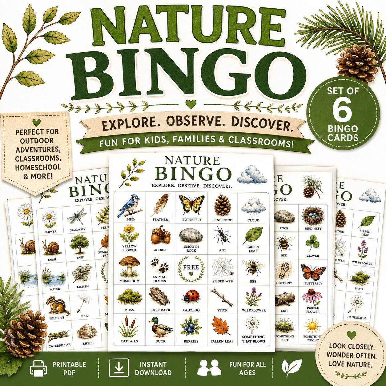 Nature Bingo Cards Printable Set | Outdoor Scavenger Hunt Game for Kids ...