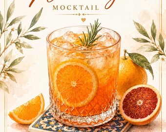 Juego de letreros imprimibles para cóctel sin alcohol Naranja / Póster de bebida cítrica de verano / Decoración para bar de fiesta sin alcohol / Arte de pared para cocina mediterránea
