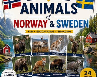 Juego de emparejar animales de Noruega y Suecia / Tarjetas de vocabulario de la fauna escandinava / Actividad imprimible sobre animales para niños