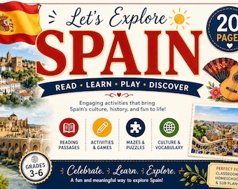 Paquete de actividades sobre España para niños / Material imprimible para el estudio de España / Comprensión lectora, preguntas de cultura general, juegos y laberintos / Geografía para la educación en casa