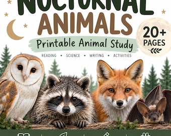 May include: A printable educational study guide titled NOCTURNAL ANIMALS featuring a barn owl, raccoon, fox, and bat. The cover includes the text 20+ PAGES, READING, SCIENCE, WRITING, ACTIVITIES, and icons for a book, leaf, pencil, and paw print.